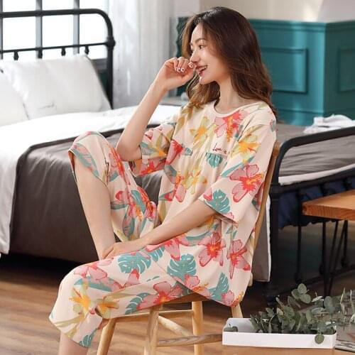Cute Women Pajamas Sets 2PCS Cotton Calf-Length Pants Female Sleep Suit Cotton Sleepwear Nightwear Summer Loose Print Home Wear