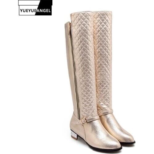 Knee High Comfort Block Chunky Heel PU Leather Womens Boots Warm Snow Boots Buckle Zipper Casual Female Footwear Plus Size 34-45