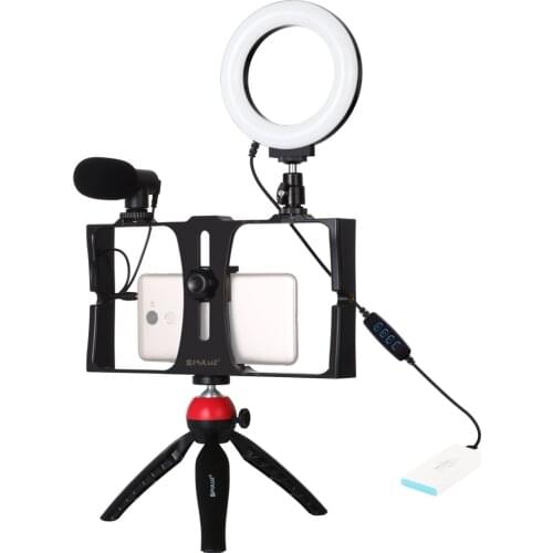 4 in 1 Vlog Live Broadcast Smartphone Video Rig+ 4.7" Ring LED Selfie Light Kits & Microphone+Tripod Mount+Cold Shoe Tripod Head