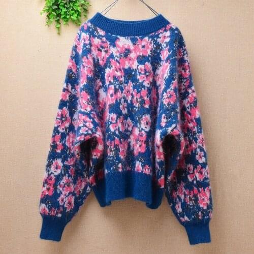 Ladies women vintage flower printing winter clothing thick angora rabbit fur knitted long batwing sleeves loose pullover sweater