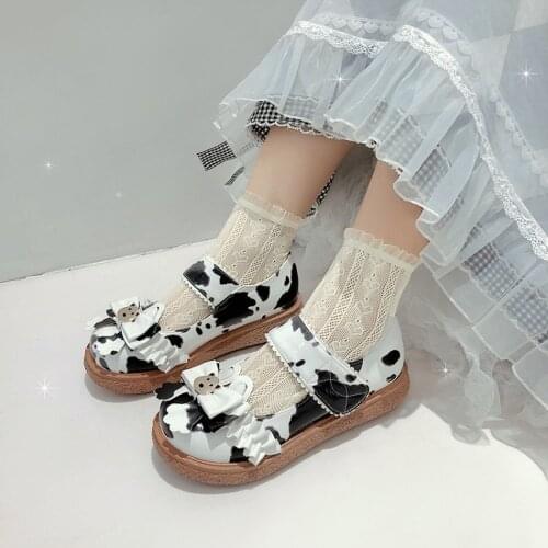 Roman Womens Round Toe Creepers Heel Platform Shoes Milk Cow Colors Bowknot Casual Gothic Lace Up Retro Oxfords Lolita Cute