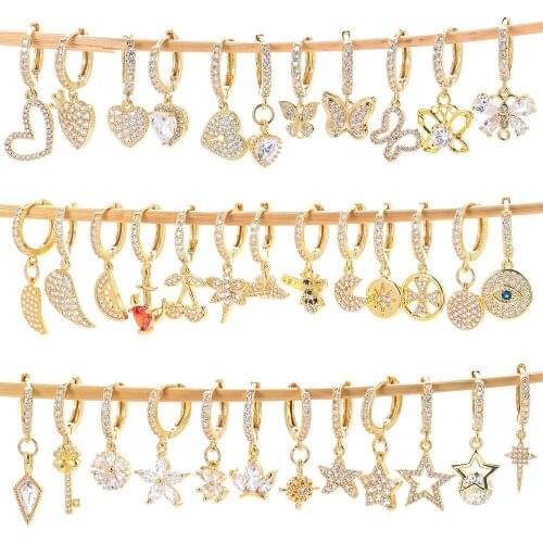 Sell by 1 Piece Fashion DIY Jewelry Mixed Gold Heart Star Cherry Design Micro Pave AAA CZ Hanging Dangle Earrings for Women Gift