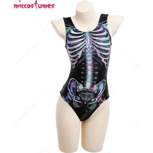 Woman Gothic Skeleton Pattern Printed One-Piece Vest Bodysuit Swimming Suit Bathing Suit Beach Swimsuit Outfit Cosplay Costume