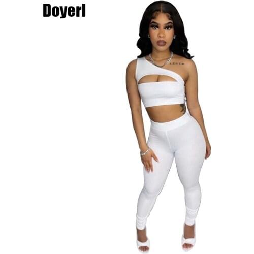 Summer Women Two Piece Outfits 2021 Pants Sets Fashion One Shoulder Crop Top and High Waist Pants Matching Sets Women Tracksuit