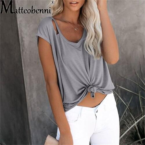Women Summer Fashion Short Sleeve Ripped Hole Chic Vintage Solid Color Round Neck Pullover Loose Casual Street T-Shirts Tops
