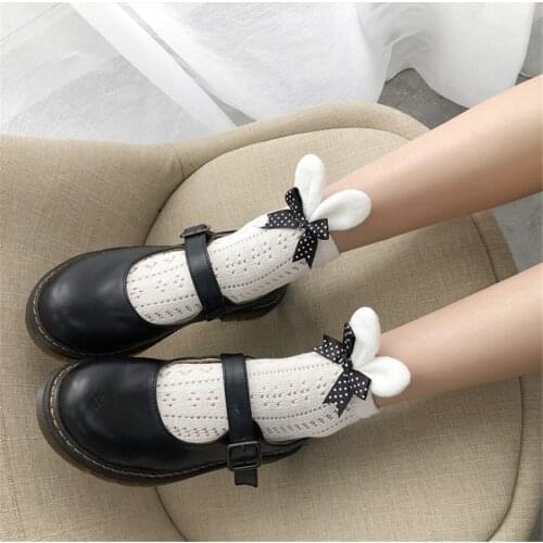 1Pair Cute Rabbit Ear Bow Short Socks JK Uniform Girl Lolita College Style Stockings D487