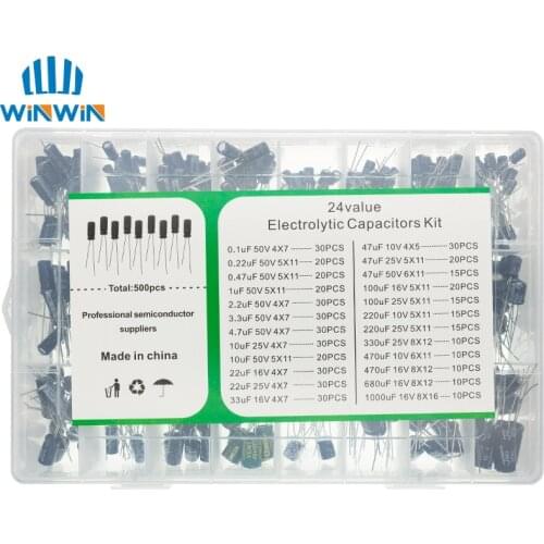 500Pcs/lot diy 0.1UF-1000UF 24Values Aluminum Electrolytic Capacitors 16-50V mix Electrolytic capacitor Assorted kit set box