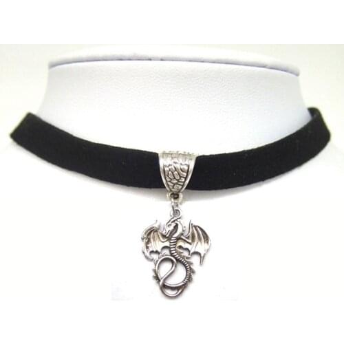 Antique Silver Color Dragon Charm Pendant Black Faux Suede Leather Choker Necklace