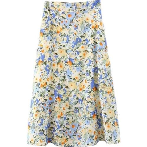 Boho Chiffon Skirt For Women Elastic High Waist floral Printed Midi Skirt Female Fresh Summer kawaii Pink Skirt