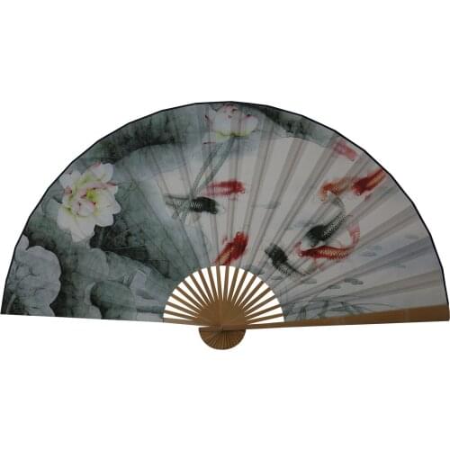 Large Folding Paper Fan Chinese Style Crafts Banboo Frame Background Decorative Fan Hanging Decoration Evening Lotus And Fish