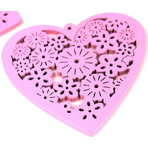 150pcs Wood wooden beads Pendant carved 40mm pink filigree Wood Heart Pendants Lace Filigree Design engraved deco pieces