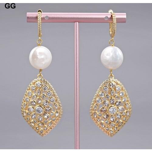 GuaiGuai Jewelry 3.1'' Natural Pearl White Keshi Coin Pearl Gold Color Plated CZ Earrings