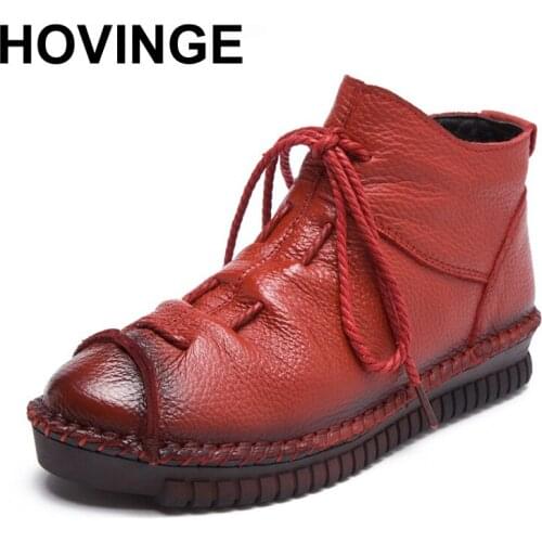 HOVINGE Woman Genuine Leather Ankle Boots Fashion Women Autumn Winter Shoes Zipper Warm Full Grain Leather Boots