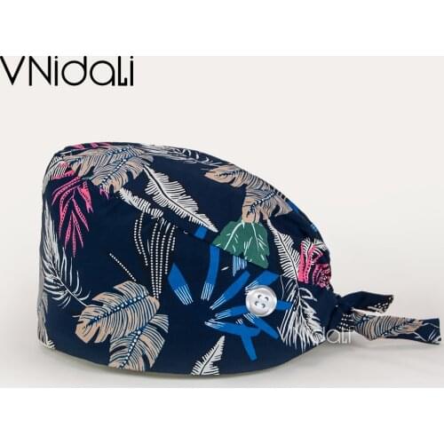 Breathable cotton printed surgical cap dental care scrub cap beauty salon nurse cap spa laboratory work cap with button hat