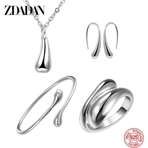 925 Silver Water Drop Necklace Earring Open Cuff Bracelet Ring Set For Women Fashion Jewelry Gifts Wholesale