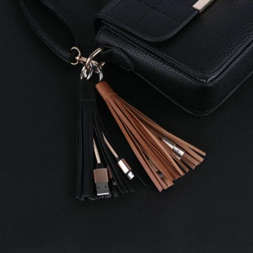 Leather Tassel Data Cable Keychain Aluminum Alloy Data Cable Transmission Line Key Chain for Woman Man Bag Car Keyring Pandent