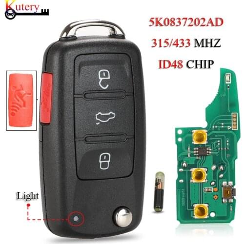 Kutery Remote Car Key For VW/Volkswagen Bettle CC EOS Golf Jetta Passat Tiguan Touareg 3+1 Buttons 5K0837202AD 433Mhz ID48 Chip