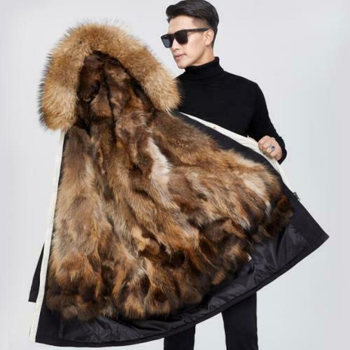 Mens Mid Long Parka Real Mink Fur Lined Hooded Jackets Outwear Fox Fur Collar Over Size Furry New 2022