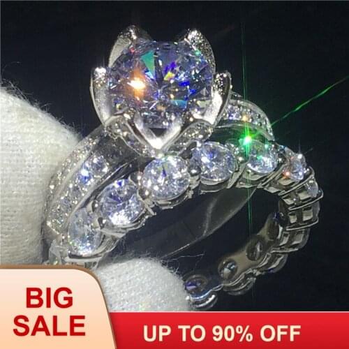 Handmade Flower ring set Silver color Round cut 3ct AAAAA Cz Stone Engagement wedding band ring for women Bridal Jewelry