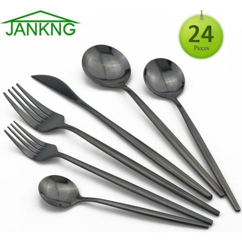 24Pcs Cutlery Set Colorful Tableware Set Knife Fork Spoon Dinner Set Black Kitchen Silverware 304 Stainless Steel Dinnerware Set