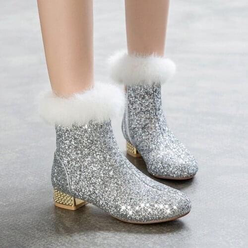 OLOMLB US4-11 Womens Sequins Bling Ankle Boots Fur Decor Block Chunky Low Heel Side Zip Warm Winter Shoes Gold Sliver Black Plus