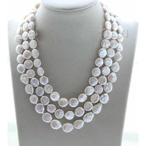 Adjustable 15.5"-17.5" 3row 11--12mm coin fastener white pearls necklace