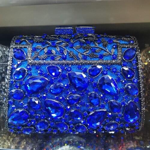 Luxury High End Blue Rhinestone Bag Clutch Diamond Prom Shoulder Handbags Best Gift To Girls Wedding Gold Metal Evening Purses