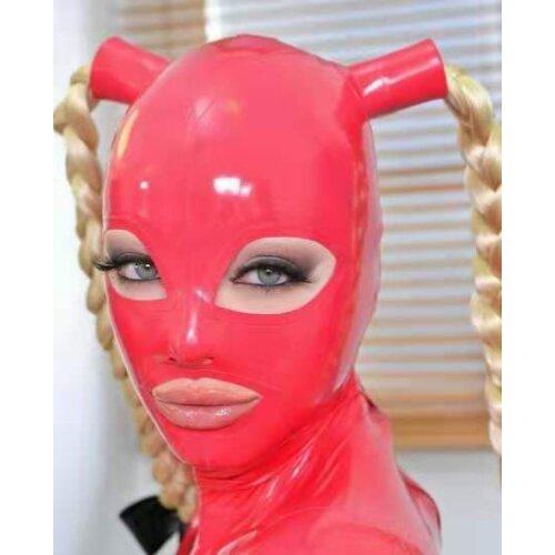 Handmade Sexy Red Latex Hoods Rubber Mask with Double Long Braids Open Eyes Mouth Back Zipper