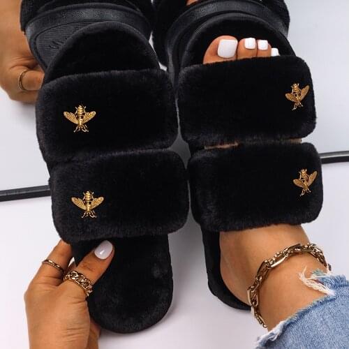 Fluffy Slippers For Women Faux Fur Slides Indoor Slippers Female Flip Flops Plush Sandals Flat Open Toe Luxury Designer Shoes