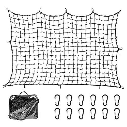 Super Duty Bungee Cargo Net for Truck Bed Stretches to 12 Tangle-Free D Clip Carabiners | Small Mesh Holds Small and Large Loads