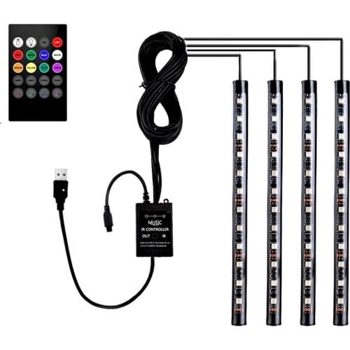 4pcs Car RGB LED Strip Light Car Styling Decorative Lamps Car Decorative LED Strip Lights Atmosphere LED Light With USB Port