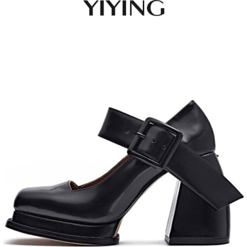Black Shoes Women High Heels 2021 Mary Janes Retro Square Toe Platform Pumps Brand Designer Buckle Strap Chunky Heels Shoes