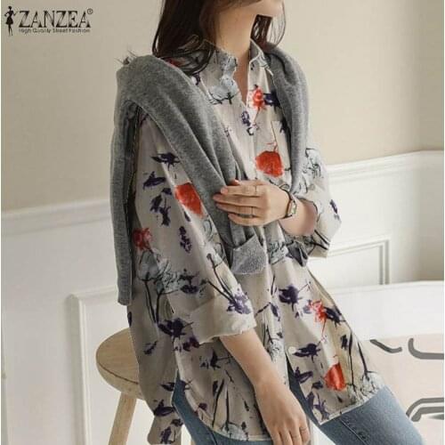 Tunic Womens Long Sleeve Blouse 2021 ZANZEA Elegant Lapel Tops Casual Button Down Shirts Female Print Work Blusas