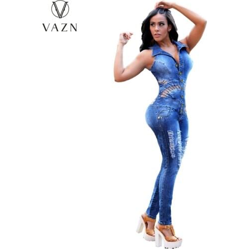 VAZN 2021 New Denim Jumpsuits High-end Plus Size Young Hollow Out Solid Tank Sleeve High Waist Slim Pencil Jumpsuits