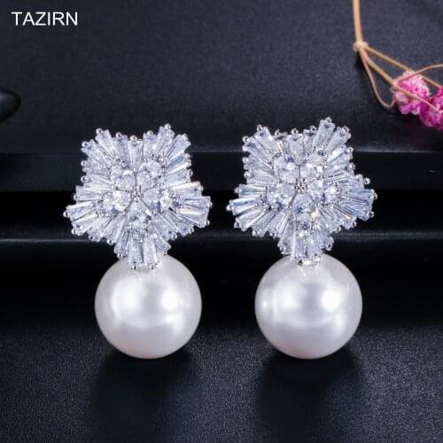 Pearls Dangle Earrings Women Wedding Jewelry Accessories Western Cubic Zirconia Drop Earrings CZ Bridal 925 Silver