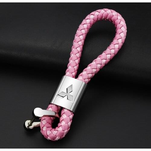 Wife girlfriend high-end gift leather hand-woven rope car keychain for mitsubishi logo metal pendant key ring auto Accessories