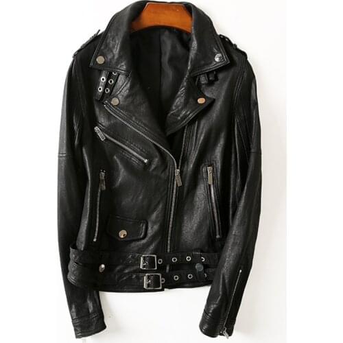 2020 Women Vintage Motorcycle Biker Short Jacket Slim Fashion Genuine Sheepskin Real Sheep Leather Coats Sashes Black
