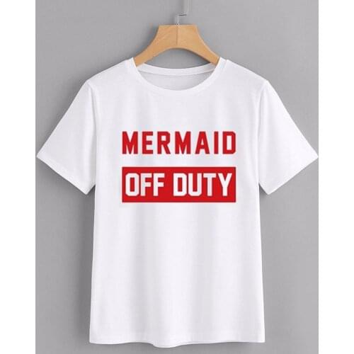 Women Mermaid Off Duty Letter Print Casual Short Sleeve T-Shirt Women 90s Tops Cotton Grunge Aesthetic Camisetas T Shirt