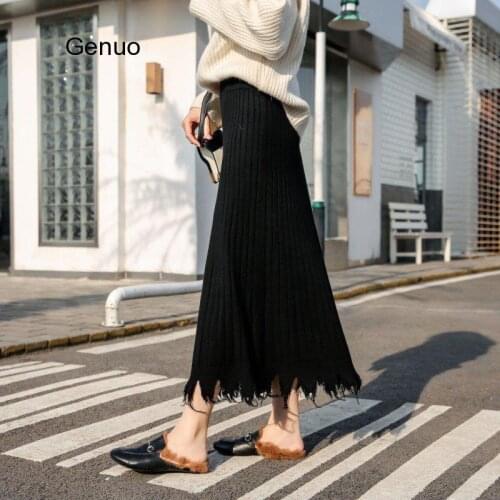 Knitted Woman Skirts Winter Long Pleated Skirts Solid Maxi Skirt Black High Elastic Waist Saia Longa Femme Warm Skirt