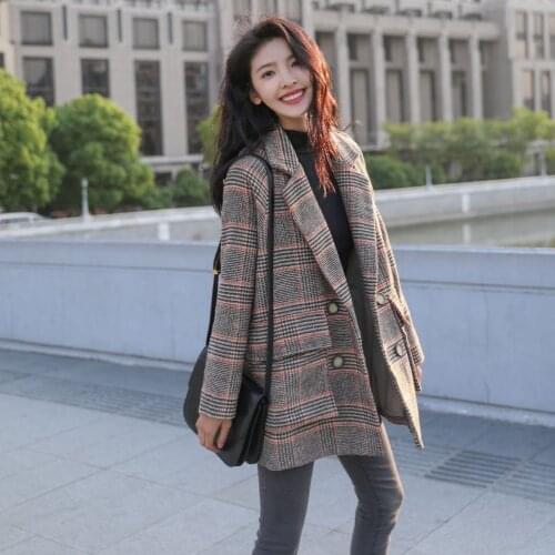 Woolen Loose Suit Coats Woman Chic England Wind Plaids And Tweeds Autumn Temperament Wool Outerwear Female Casual Fashion Jacket