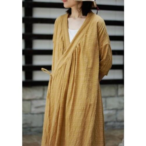 Women Cotton Linen String Retro Loose Dress Female Casual Vintage Half Sleeve Dress Female Robe Dress 2020