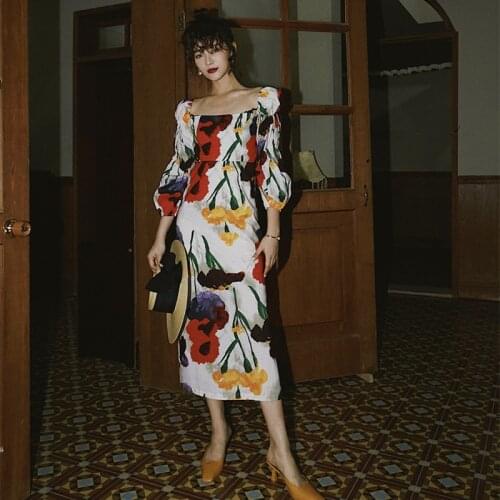 2020 Time-limited Vestido Longo Dress Women Woman Dress Retro Square Collar Long Sleeve Fashion Printed Court Style Slim Women