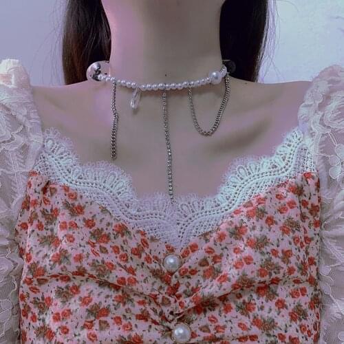 2021 Sweet Transparent Acrylic Planet Pendant Necklace Choker For Women Pearl Chain Rhinestone Tassel Collares Accessories Gift