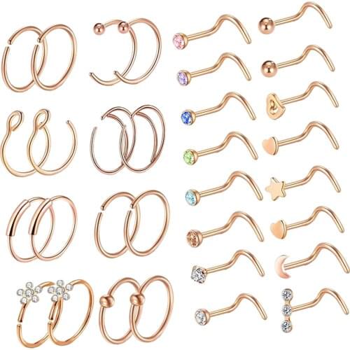 32pcs Stainless Steel Nose Rings Hoop Studs Piercing Jewelry Set for Women Men Girls