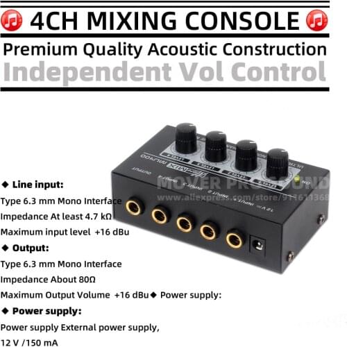 4 Channel Mini Audio Mixer Recording Mixing Console Line In Out Hub For PA System AMP Speaker Synthesizer Aerophone Sound Desk
