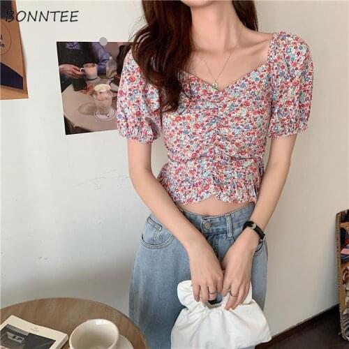 Blouses Women Crop Top Printting Sweet Retro Harajuku Slim V-neck Summer Trendy Holiday Mujer Sexy Floral Casual Ins Hot Slae