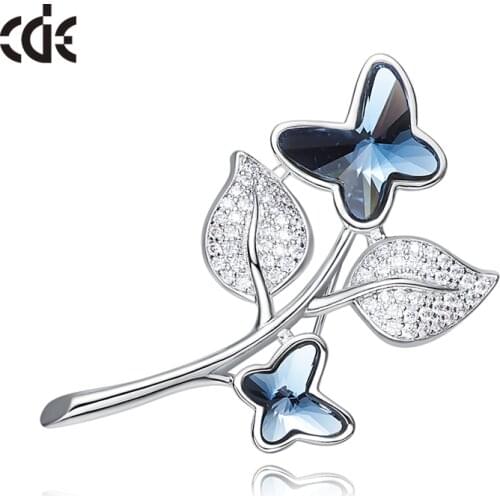 CDE Dainty Hand Inlaid Zircon Leaf Brooch with Butterfly Blue Crystal from Swarovski Women Pins Clothing Jewelry Accessories