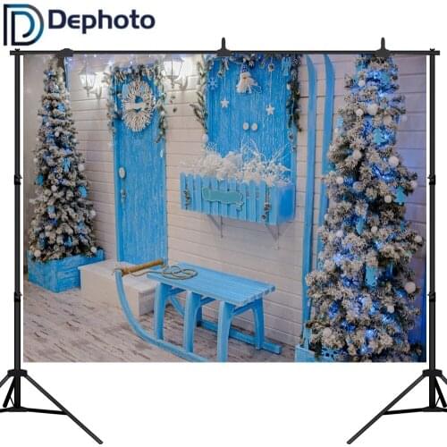 Dephoto Christmas Tree Photography Backdrop Blue Door New year for kids wood Floor custom new Background photobooth photocall
