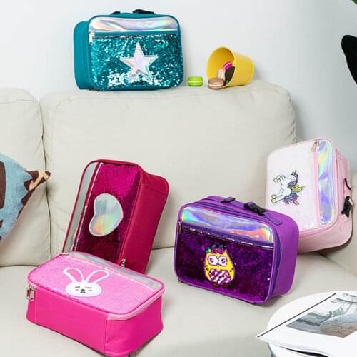 Kid Sequin Unicorn Lunch Bag Thermal Insulated Picnic Cooler Box for School Work Girls Boys Women Men Reusable Food Storage Bags