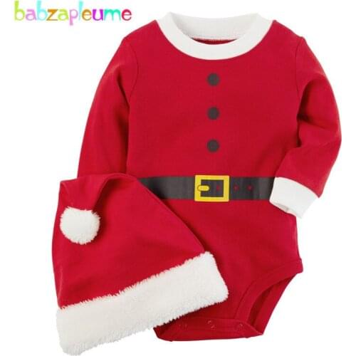 2Piece Fall Newborn Baby Christmas Outfits Infant Girl Boy Jumpsuit Long Sleeve Cotton Print Bodysuit+Hat Toddler Clothes 1980-1